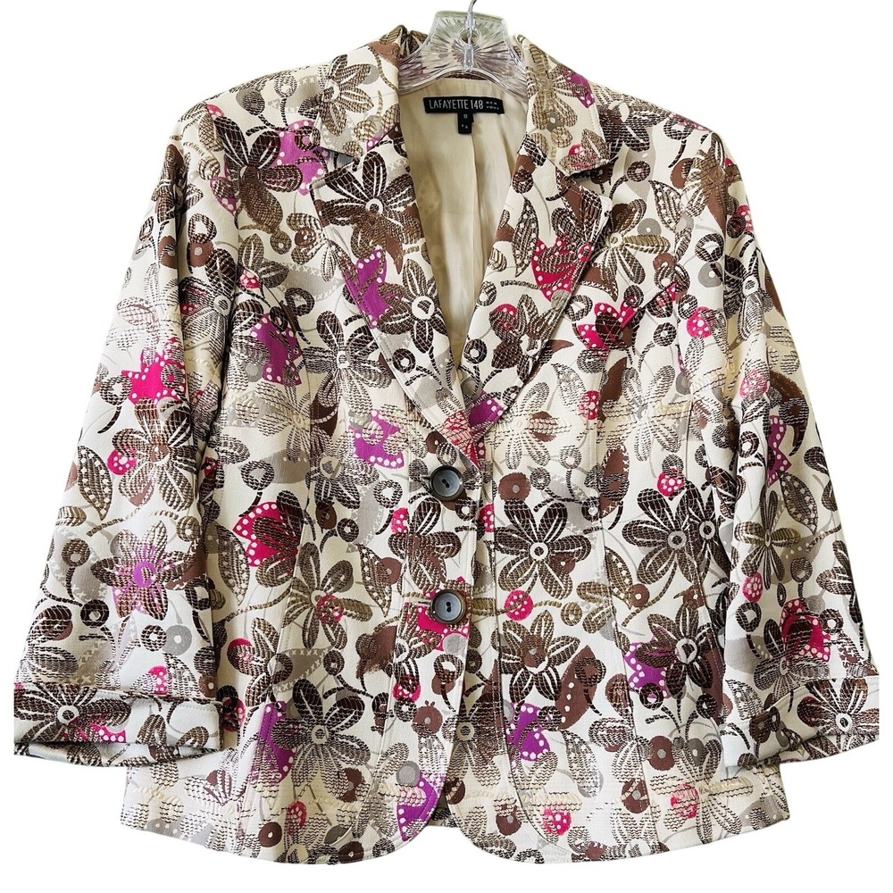 Lafayette 148 New York Floral Embroidered Metallic  Jacket Brown Purple Size 8